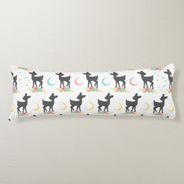 Deer Pattern, Baby Deer, Boho, Flowers, Moon Body Cushion (Front)
