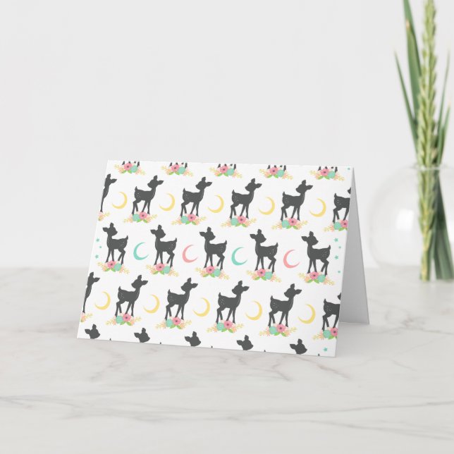 Deer Pattern, Baby Deer, Boho, Flowers, Moon Card (Front)