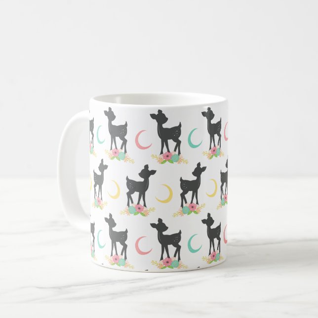 Deer Pattern, Baby Deer, Boho, Flowers, Moon Coffee Mug (Front Left)