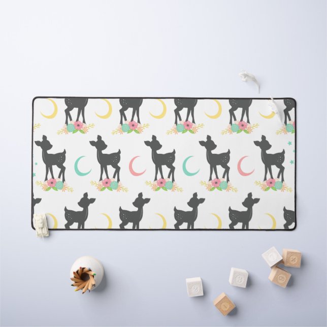 Deer Pattern, Baby Deer, Boho, Flowers, Moon Desk Mat (Kids Table)