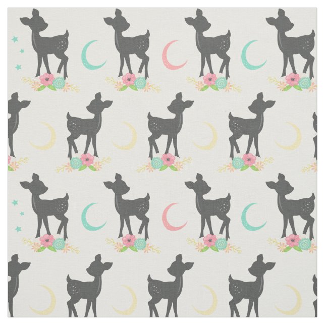 Deer Pattern, Baby Deer, Boho, Flowers, Moon Fabric (Swatch)