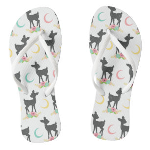 Deer Pattern, Baby Deer, Boho, Flowers, Moon Flip Flops