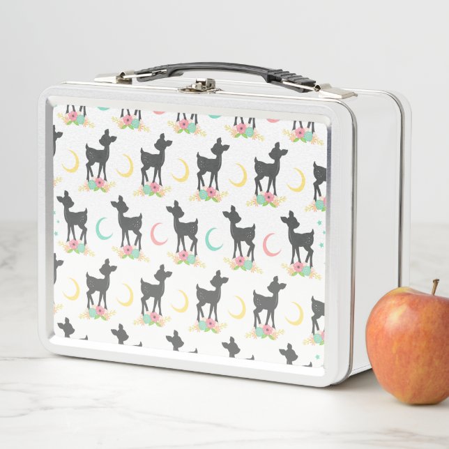 Deer Pattern, Baby Deer, Boho, Flowers, Moon Metal Lunch Box (In Situ)