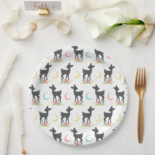 Deer Pattern, Baby Deer, Boho, Flowers, Moon Paper Plate (Wedding)
