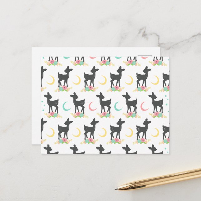 Deer Pattern, Baby Deer, Boho, Flowers, Moon Postcard (Front/Back In Situ)