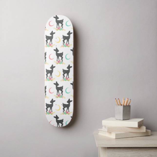 Deer Pattern, Baby Deer, Boho, Flowers, Moon Skateboard (Wall Art)