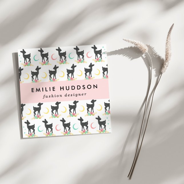 Deer Pattern, Baby Deer, Boho, Flowers, Moon Square Business Card (Creator Uploaded)