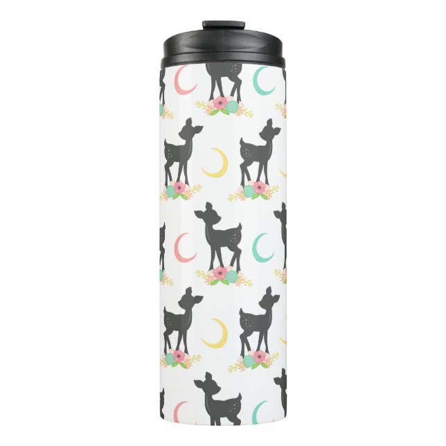 Deer Pattern, Baby Deer, Boho, Flowers, Moon Thermal Tumbler (Front)
