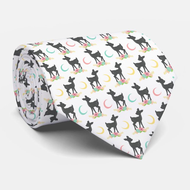 Deer Pattern, Baby Deer, Boho, Flowers, Moon Tie (Rolled)