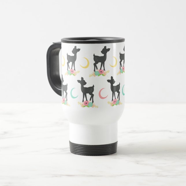 Deer Pattern, Baby Deer, Boho, Flowers, Moon Travel Mug (Front Left)