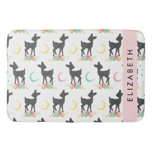 Deer Pattern, Baby Deer, Boho, Flowers, Your Name Bath Mat