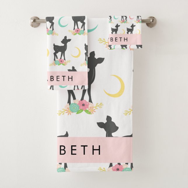 Deer Pattern, Baby Deer, Boho, Flowers, Your Name Bath Towel Set (Insitu)