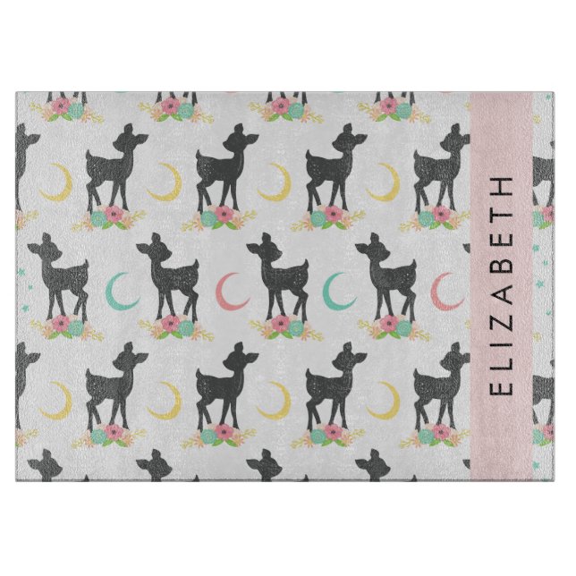 Deer Pattern, Baby Deer, Boho, Flowers, Your Name Cutting Board (Front)
