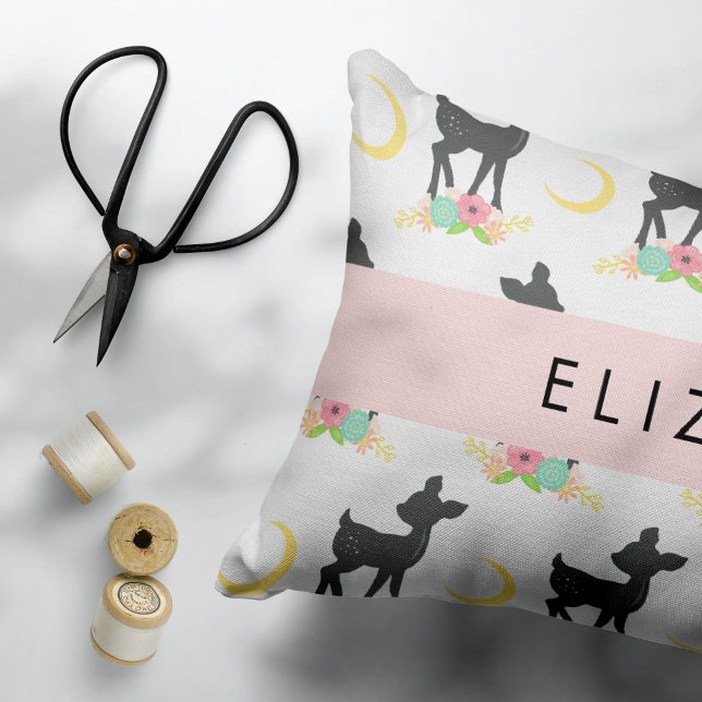 Deer Pattern, Baby Deer, Boho, Flowers, Your Name Decorative Cushion (Creator Uploaded)