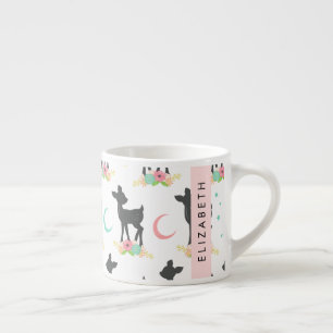 Deer Pattern, Baby Deer, Boho, Flowers, Your Name Espresso Cup