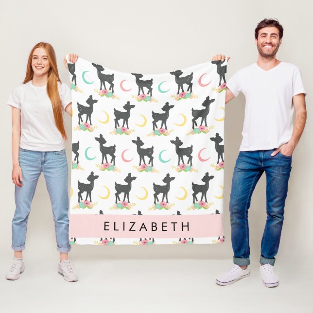 Deer Pattern, Baby Deer, Boho, Flowers, Your Name Fleece Blanket (In Situ)