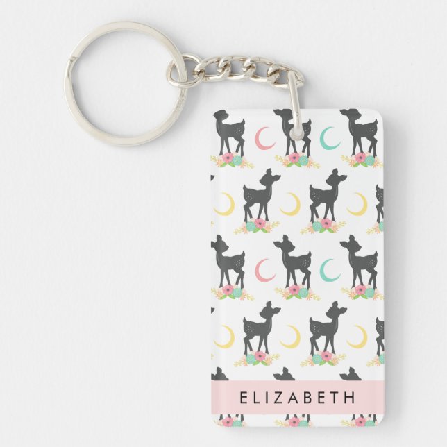 Deer Pattern, Baby Deer, Boho, Flowers, Your Name Key Ring (Front)