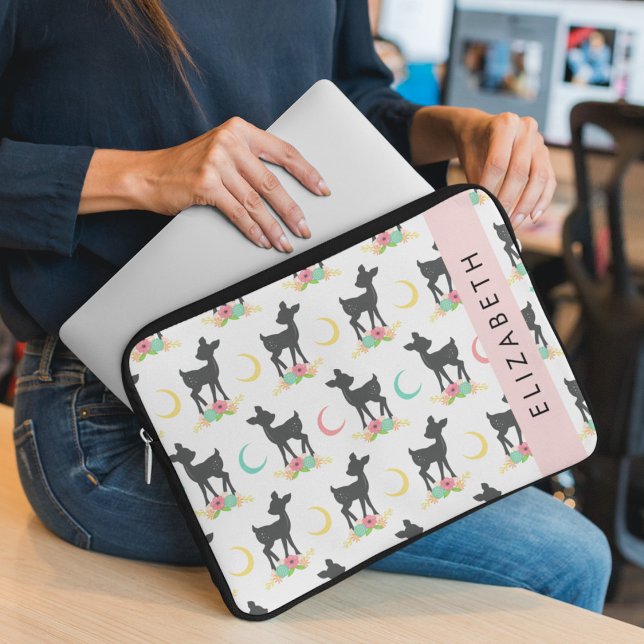 Deer Pattern, Baby Deer, Boho, Flowers, Your Name Laptop Sleeve (Creator Uploaded)