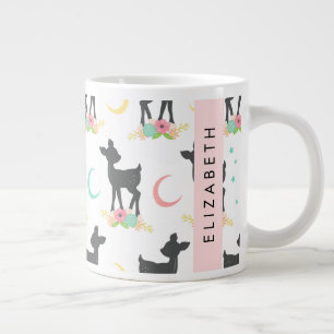 Deer Pattern, Baby Deer, Boho, Flowers, Your Name Large Coffee Mug