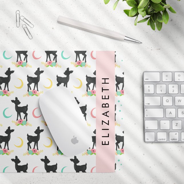 Deer Pattern, Baby Deer, Boho, Flowers, Your Name Mouse Mat (Creator Uploaded)