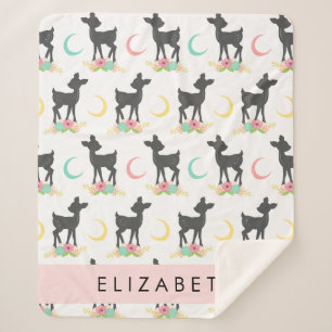 Deer Pattern, Baby Deer, Boho, Flowers, Your Name Sherpa Blanket