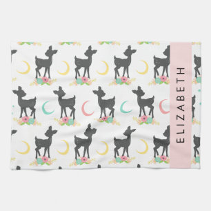 Deer Pattern, Baby Deer, Boho, Flowers, Your Name Tea Towel