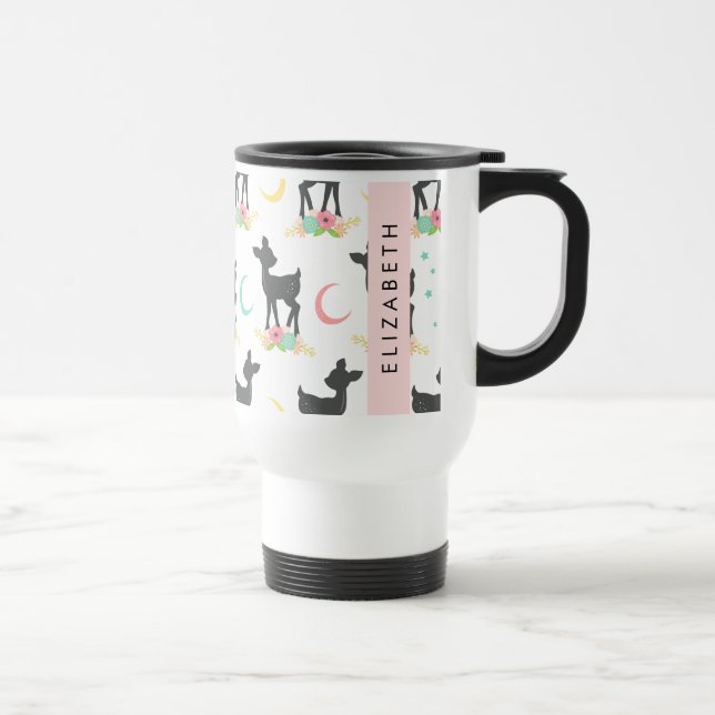 Deer Pattern, Baby Deer, Boho, Flowers, Your Name Travel Mug (Right)
