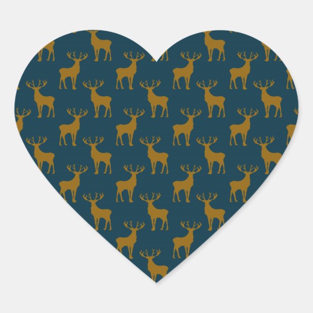 Deer Pattern Brown and Blue Heart Sticker (Front)