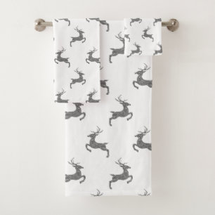 Deer Pattern In Faux Grey Glitter Texture Look Bath Towel Set