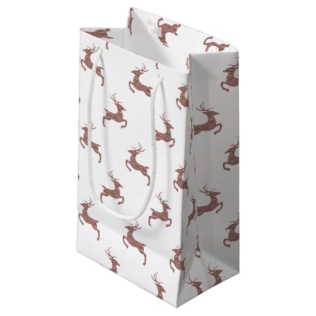 Deer Pattern In Faux Rose Gold Pink Glitter Look Small Gift Bag (Front Angled)