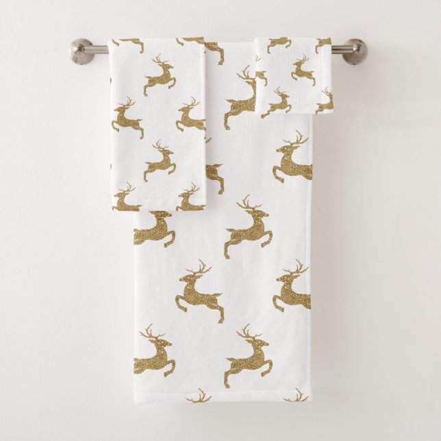 Deer Pattern In Faux Yellow Glitter Texture Look Bath Towel Set (Insitu)