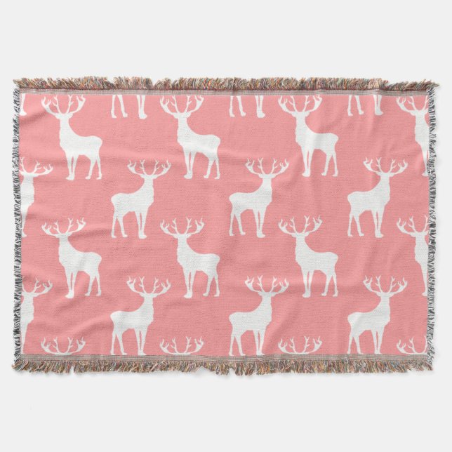 Deer Pattern in White on Pink Throw Blanket (Front)