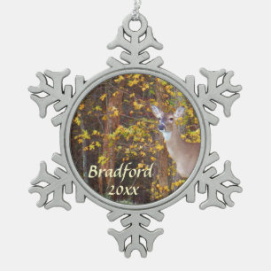 Deer, Personalise with name Snowflake Pewter Christmas Ornament