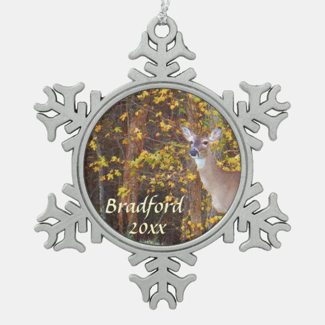 Deer, Personalise with name Snowflake Pewter Christmas Ornament (Front)