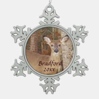 Deer, Personalise with name Snowflake Pewter Christmas Ornament