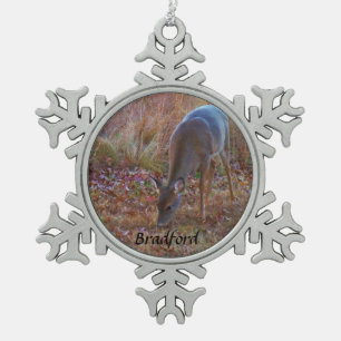 Deer, Personalise with name Snowflake Pewter Christmas Ornament