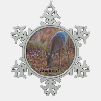Deer, Personalise with name Snowflake Pewter Christmas Ornament