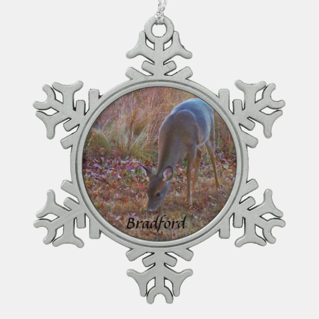 Deer, Personalise with name Snowflake Pewter Christmas Ornament (Front)