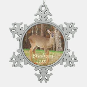 Deer, Personalise with name Snowflake Pewter Christmas Ornament