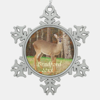 Deer, Personalise with name Snowflake Pewter Christmas Ornament
