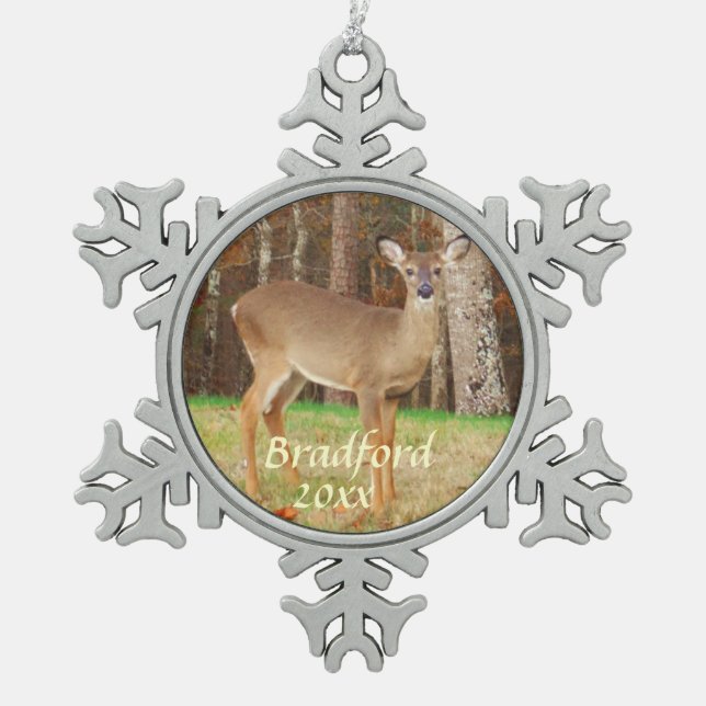 Deer, Personalise with name Snowflake Pewter Christmas Ornament (Front)