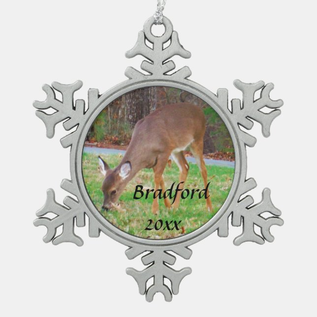 Deer, Personalise with name Snowflake Pewter Christmas Ornament (Front)