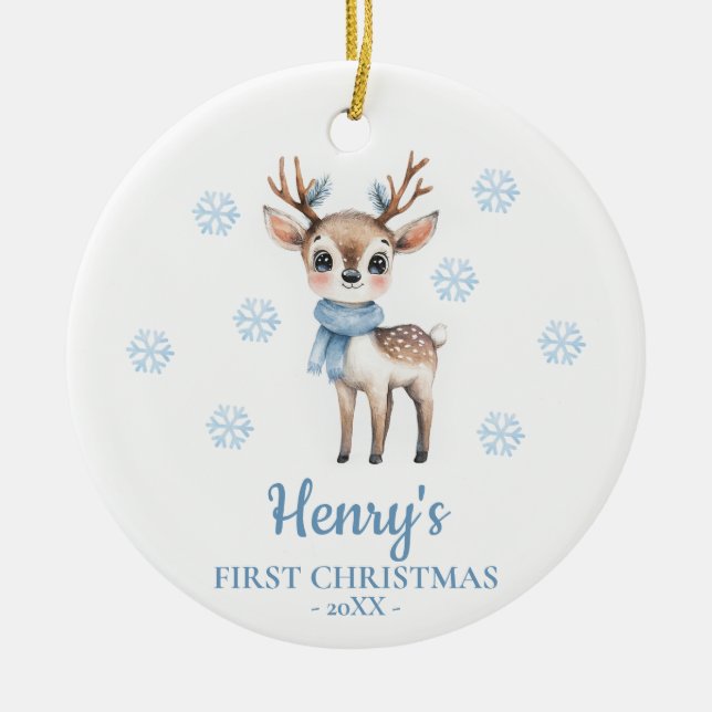 Deer Personalized Baby's First Christmas Ceramic Tree Decoration (Front)