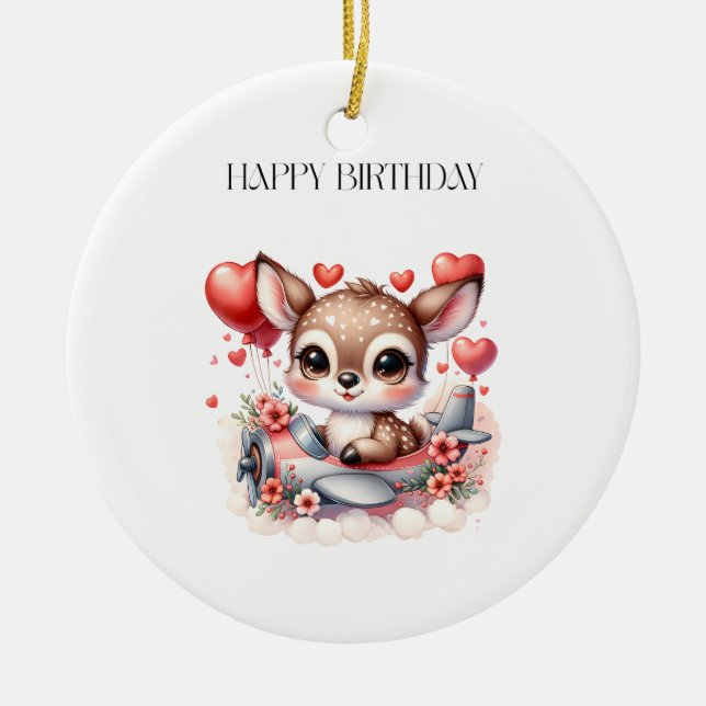 Deer Pilot Birthday Ceramic Tree Decoration (Front)