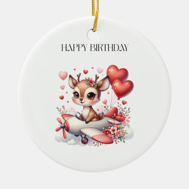 Deer Pilot Birthday Ceramic Tree Decoration (Front)