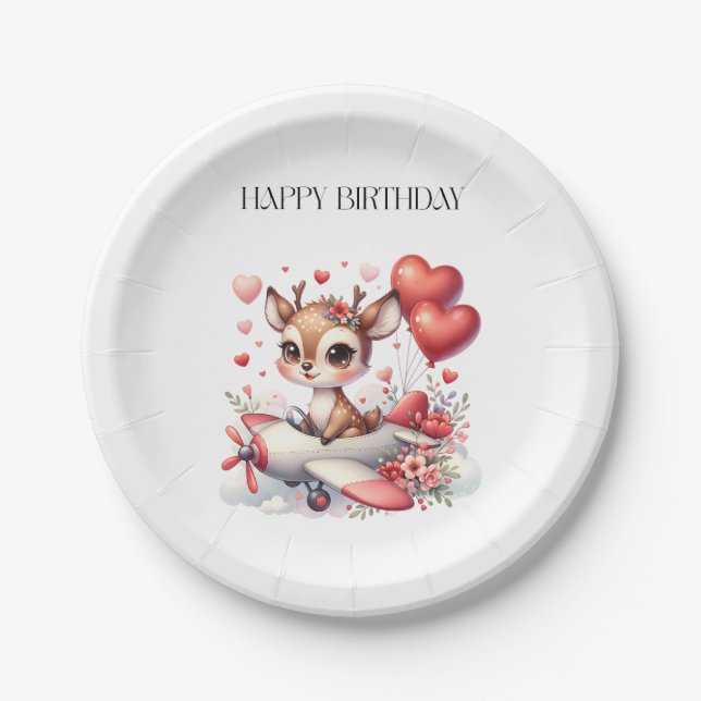 Deer Pilot Birthday Paper Plate (Front)