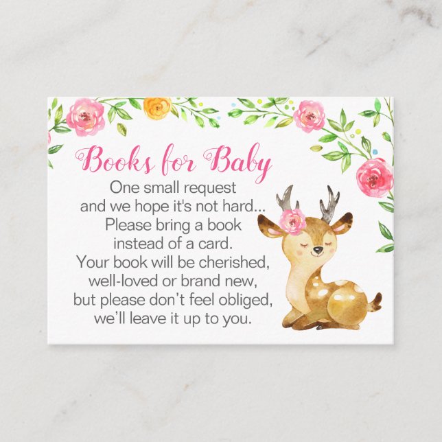 Deer Pink Floral Girl Books for Baby Book Request Enclosure Card (Front)