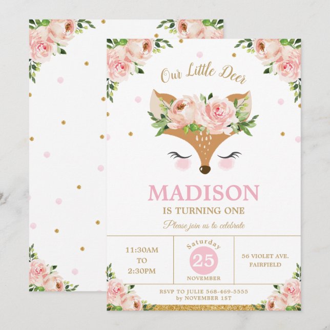 Deer Pink Floral Woodland Animals Birthday Party Invitation (Front/Back)