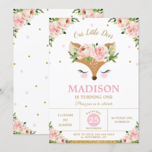 Deer Pink Floral Woodland Animals Birthday Party Invitation