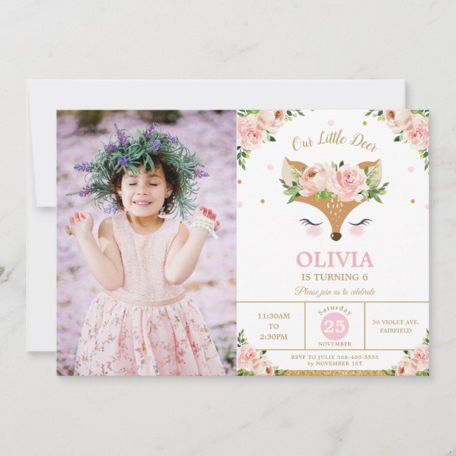 Deer Pink Floral Woodland Birthday Party Photo Invitation (Front)